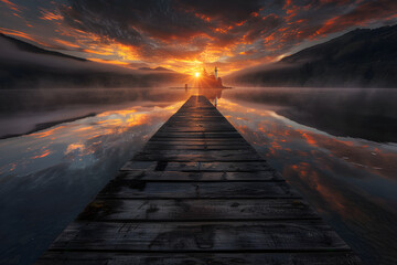 Obraz premium Harmonic Tranquillity: Serene Lake at Sunset with Rustic Dock and Far-off Lighthouse