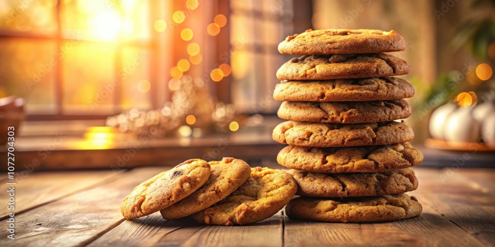 Poster a stack of golden brown cookies on a rustic wooden table with a warm, sunlit background