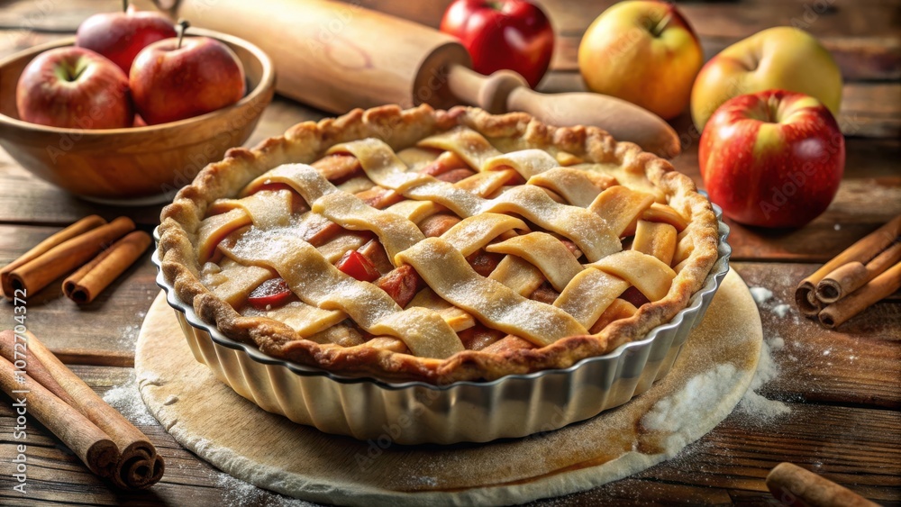 Poster a golden brown apple pie with a lattice crust, dusted with powdered sugar, sits on a wooden table su