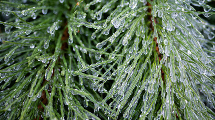 Pine needles branches covered in ice fresh crisp cold