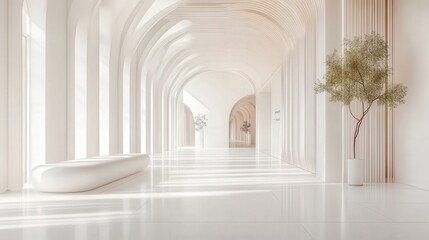 Fototapeta premium Elegant, bright hallway with arches and minimalistic design, featuring indoor greenery.