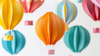 Fototapeta premium A set of colorful miniscale hot air balloon inflatables ideal for hanging from ceilings or creating a unique centerpiece.