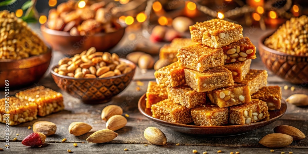 Poster a rustic tabletop with a towering arrangement of golden sesame and nut candy, scattered with almond 
