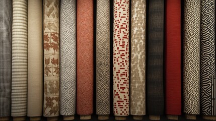 Vibrant and Diverse Collection of Textile Rolls Showcasing Unique Patterns and Colors for Interior Design and Creative Projects