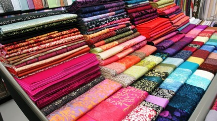 A Vibrant Display of Exquisite Fabric Rolls in a Textile Shop Showcasing Colorful Patterns and Rich Textures for Fashion and Craft Projects