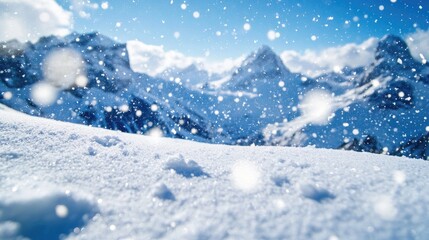 Snowfall Over Majestic Mountains in Winter Landscape, Capturing the Serenity and Beauty of Nature in a Peaceful Snowy Scene with Flurries and Scenic Views