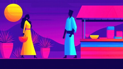 Fototapeta premium Neon Night Market Illustration Colorful Couple Stalls and Hanging Lights