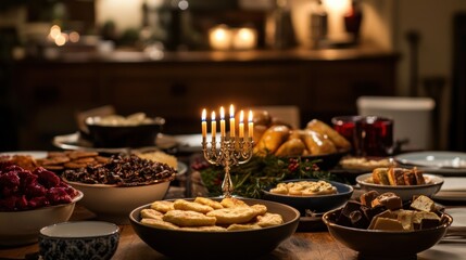 Fototapeta premium Festive Hanukkah table setup with traditional foods like latkes, sufganiyot, and bowls of chocolate gelt. In the center of the table stands a menorah with candles burning brightly.