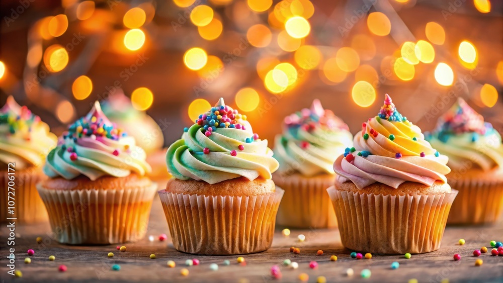 Poster Festive Cupcakes with Colorful Frosting and Sprinkles on a Rustic Wooden Surface with Warm Bokeh Lights