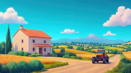 Obraz premium Idyllic Rural French Farmhouse with Tractor and Mountain Landscape