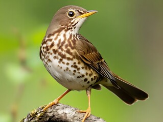 Fototapeta premium Song Thrush Perched on Branch with Distinctive Speckled Plumage with Soft Natural Blur Background