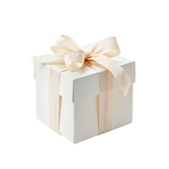 White gift box tied with a cream satin ribbon. The box is isolated on a isolated transparent background. This box is perfect for presenting a special gift for a wedding or other special event. Cut out