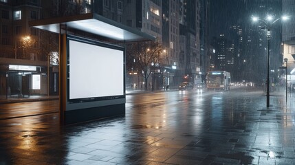 Fototapeta premium Empty city street with glowing billboard at night