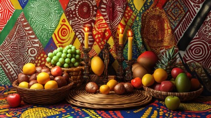 Festive Kwanzaa setup with traditional decorations, including a woven mat, baskets of fruits, and a Kinara with lit candles. The background has vibrant colors and African patterns.