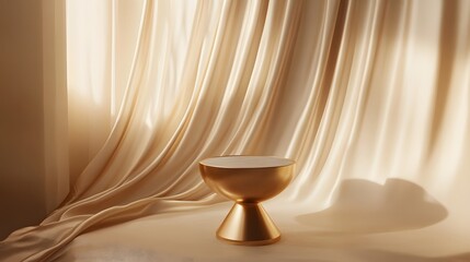 Illustrate a golden pedestal positioned in the center of an elegant studio, with a soft satin backdrop flowing gracefully behind it. The interplay of light and shadows should highlight the luxurious