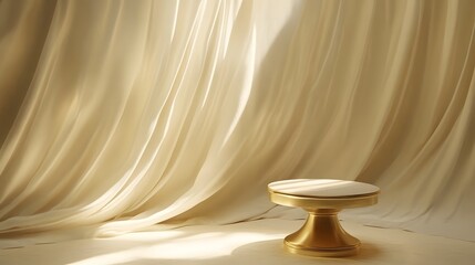 Illustrate a golden pedestal positioned in the center of an elegant studio, with a soft satin backdrop flowing gracefully behind it. The interplay of light and shadows should highlight the luxurious
