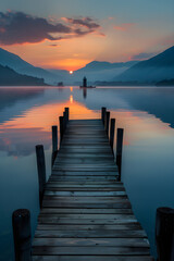 Obraz premium Harmonic Tranquillity: Serene Lake at Sunset with Rustic Dock and Far-off Lighthouse