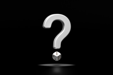 Metal question mark object with dice puzzle floating on the floor under a spotlight. Dark-black background. Gambling or Gambler, analysis and strategy. Object with clipping path. 3D Illustration.