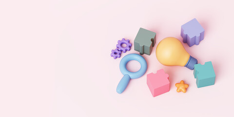 Jigsaw puzzle box with pencil, light bulb, gear, magnifying pastel learning school kids cute study children pink background. creative education imagination concept. clipping path. 3D Illustration.