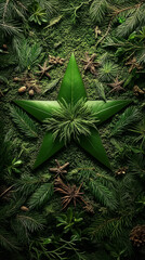 A green star of leaves rests on moss with plants and cones in a calm natural setting