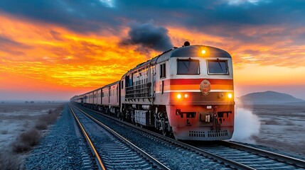 As the sun dips below the horizon, the sky transforms into a canvas of vibrant hues, casting a warm and ethereal light over the approaching Indian railway train