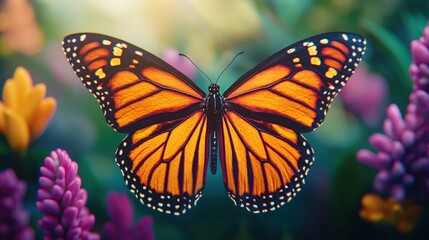 Fototapeta premium Monarch Butterfly on Colorful Flowers in Lush Garden