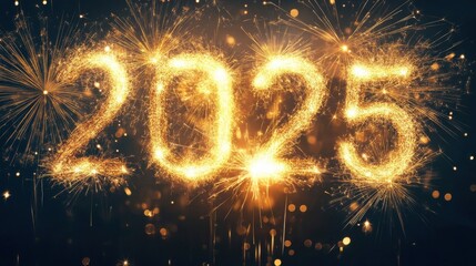 2025 illuminated with golden fireworks lighting up the night sky