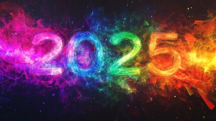 Fototapeta premium Colorful 2025 typography with explosion of rainbow-colored light bursts