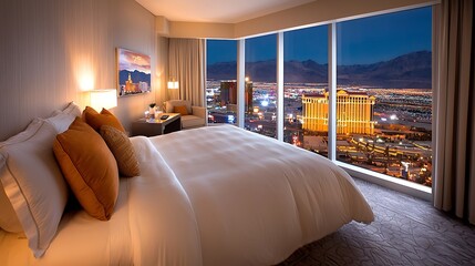 Imagine a lavish hotel room perched high above the bustling Las Vegas Strip, offering a breathtaking panoramic view of the citys glittering lights at night
