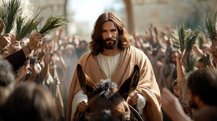 Triumphal entry scene: Jesus Christ rides into Jerusalem on donkey, met by jubilant crowds waving palm branches, symbolizing peace, prophecy, significance of Palm Sunday in Christian tradition.
