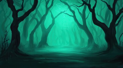 Naklejka premium Eerie Forest Path with Glowing Spider Web Illustration