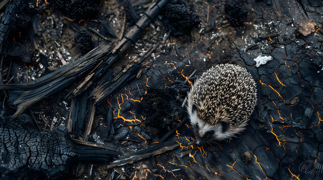 A hedgehog curled up on scorched ground after a grassfire
