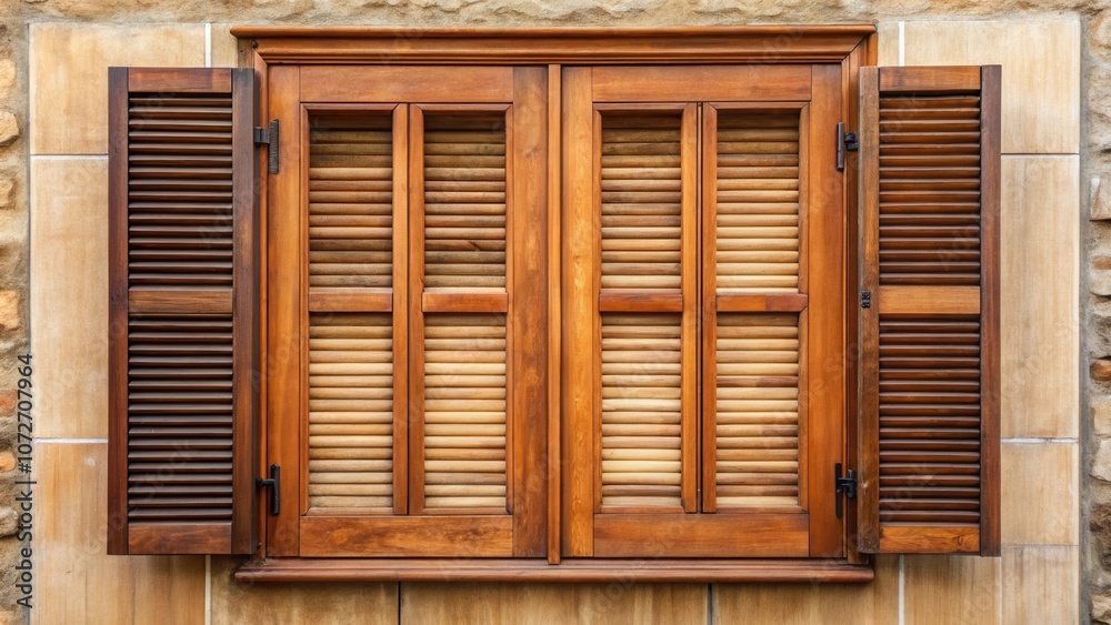 Fototapete A rustic wooden window with closed shutters and a frame that complements the stone wall it is set into