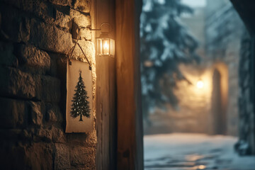 cozy winter scene featuring decorated Christmas tree sign on stone wall, illuminated by warm lantern light, creating festive atmosphere
