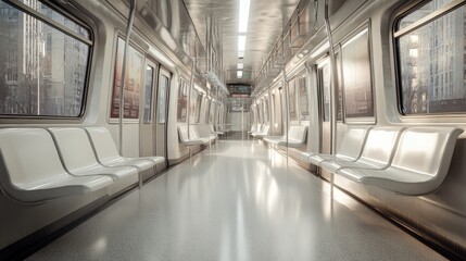 Obraz premium Empty subway car with cityscape view.