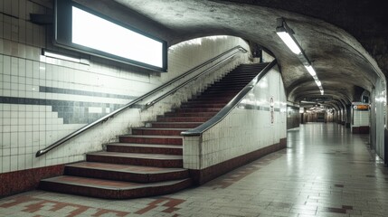 Fototapeta premium Empty subway passage with stairway and lights.