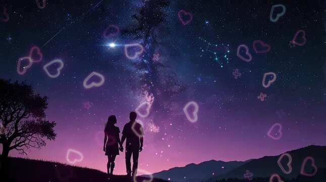 silhouette of a couple holding hands at night and enjoying the night sky with stars in the sky. Seamless looping time-lapse virtual 4k video animation background