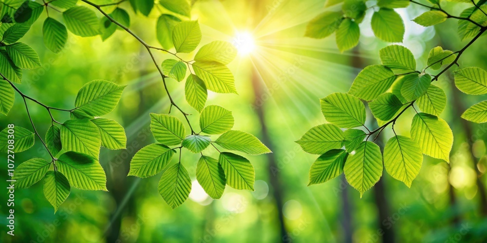 Poster Sunlight filtering through vibrant green leaves in a forest, creating a luminous and serene atmosphere.