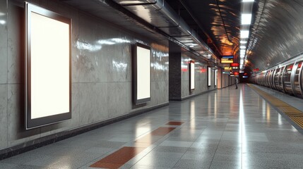 Fototapeta premium Empty subway station with blank billboards.