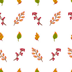 Bright autumn seamless pattern. Hand drawn leaves and branches with berries on white background. Design for textile, fashion, greeting card, banner, party invitation. 