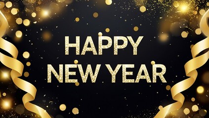 Naklejka premium A festive 'Happy New Year' text design with vibrant bokeh particle effects, set against a sleek black background, perfect for celebrating the New Year with elegance and style.