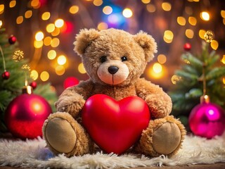 Cuddly Teddy Bear with Heart Surrounded by Festive Colors for Valentine's Day and Christmas Gift Ideas