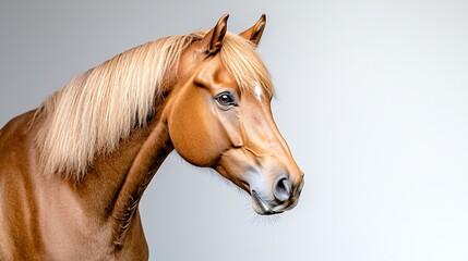 Obraz premium A stunning image of a chestnut horse with a shiny coat gazing majestically into the distance, set against a crisp white background