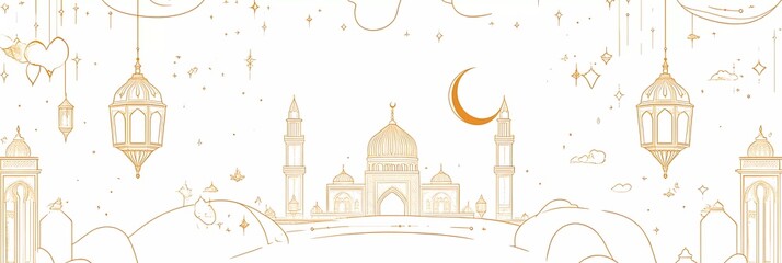 Luxurious golden Ramadan Kareem banner template with line art vector elements of Arabic lantern, crescent moon, and mosque on a white background. 