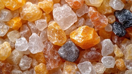 A close-up of various colored sugar crystals, showcasing their texture and colors.