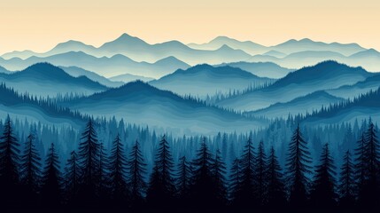 Fototapeta premium Misty Mountain Landscape with Pine Forest Nature Background Illustration