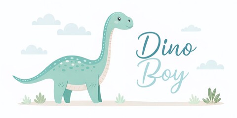 Obraz premium Cute Brachiosaurus Baby Print in Hand Drawn Style for Dino Boy Design, Perfect for Postcards, Posters, Invitations, and Textiles with Minimalist Aesthetic