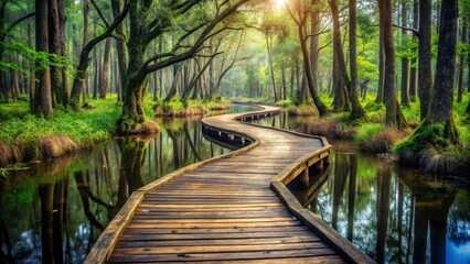 Fototapeta premium A winding wooden path through a lush forest with a calm stream running beside it, sunlight filtering through the canopy