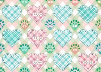 Cute Pastel Hearts Pattern with Plaid Design and Paw Prints for Playful and Adorable Pet-Themed Decor and Crafts