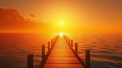 Obraz premium sunset view by the lake with a wooden bridge